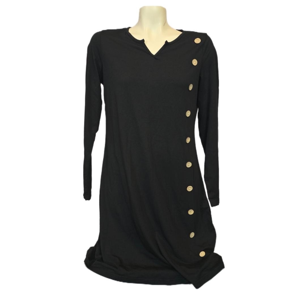 Black Long Sleeve Button-Accent Women's Dress